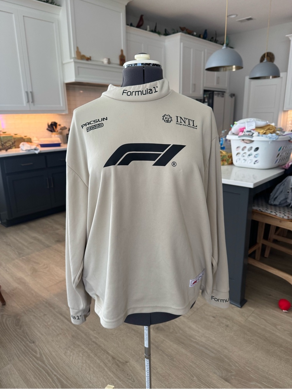 PacSun Formula 1 Beige Long Sleeve Pullover with Black Logo
